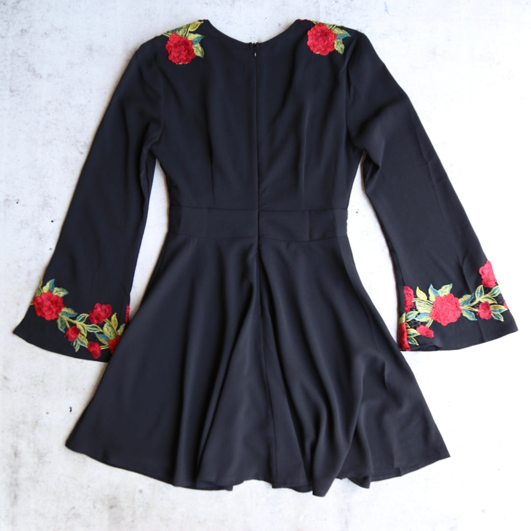 Waste the Night Long Sleeve Dress with Rose Patches in Black