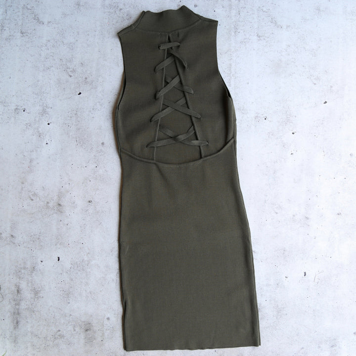 Knit Tonight Lace Up Back Bodycon Dress in Khaki