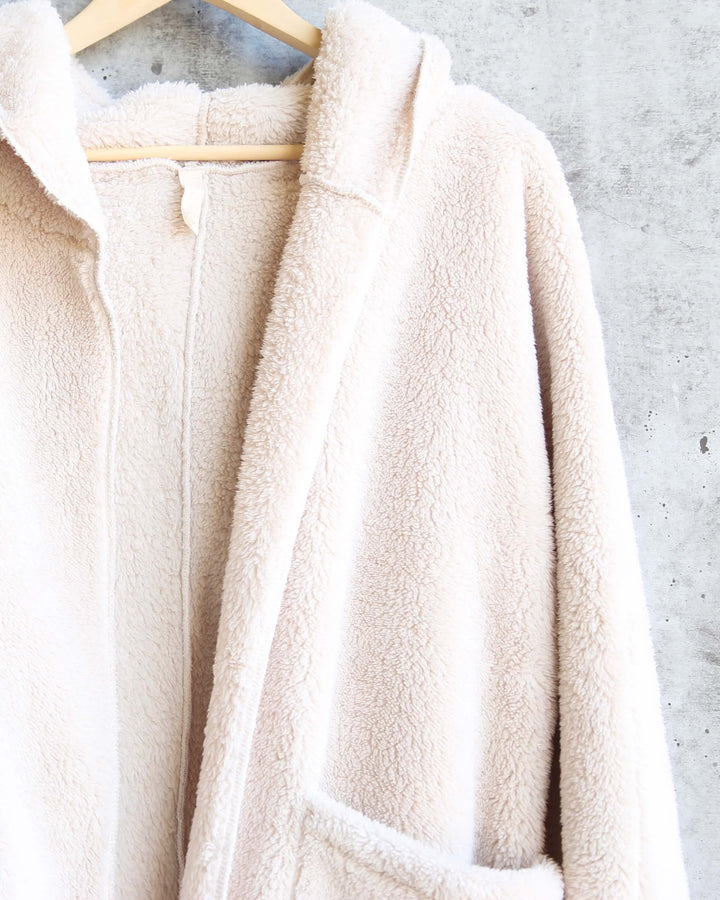 Open Front Faux Fur Sherpa Cardigan With Hoodie in Taupe