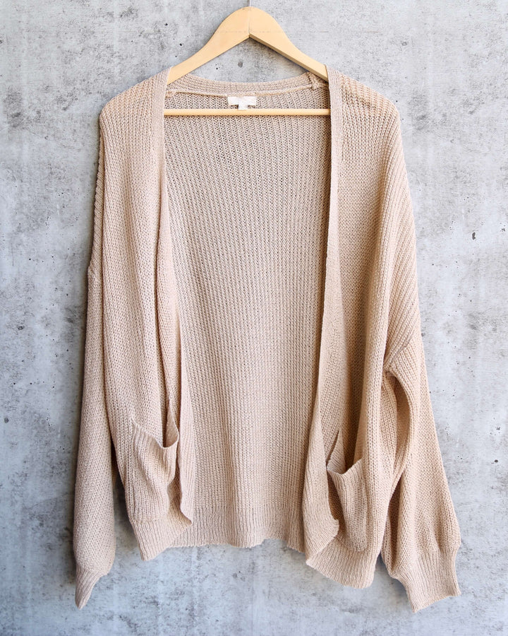 Final Sale - Dreamers - Lightweight Open Cardigan with Balloon Sleeves in Taupe