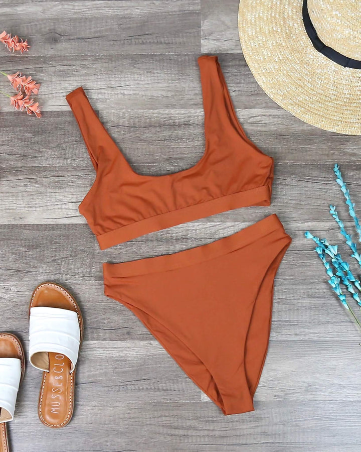 Sporty Swim Top + Banded High Waist Cheeky Bottom Separates - Rust