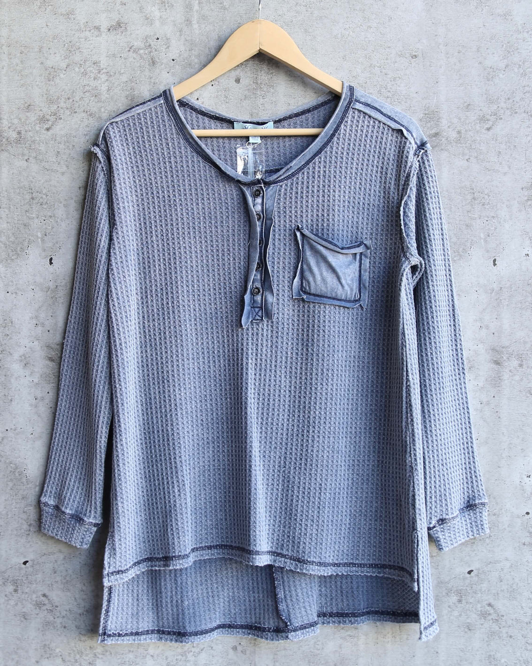 Long Sleeve Stone Washed Thermal Top in Navy