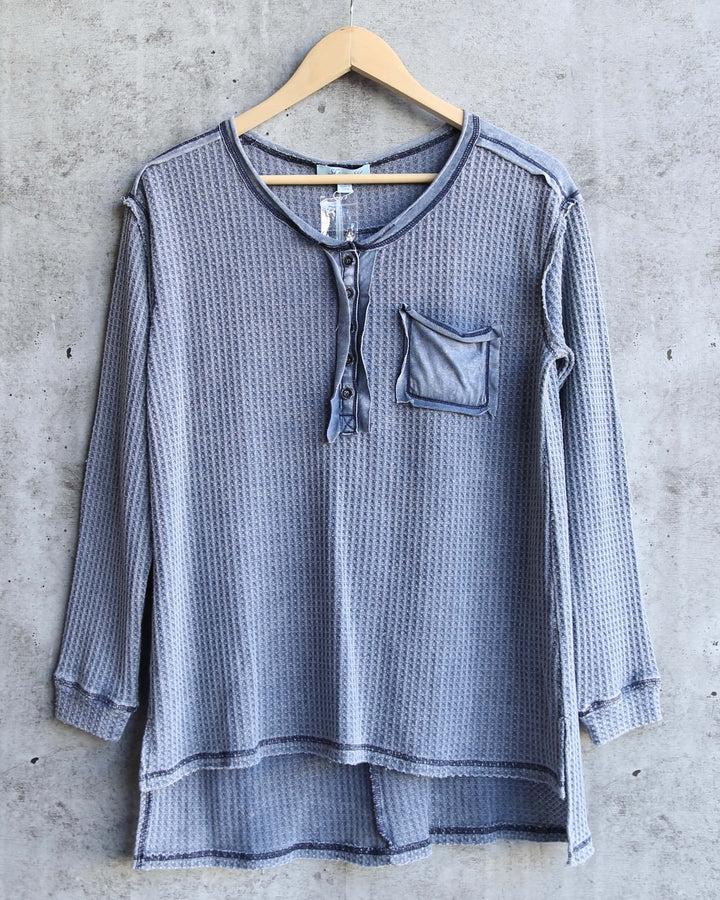 Long Sleeve Stone Washed Thermal Top in Navy