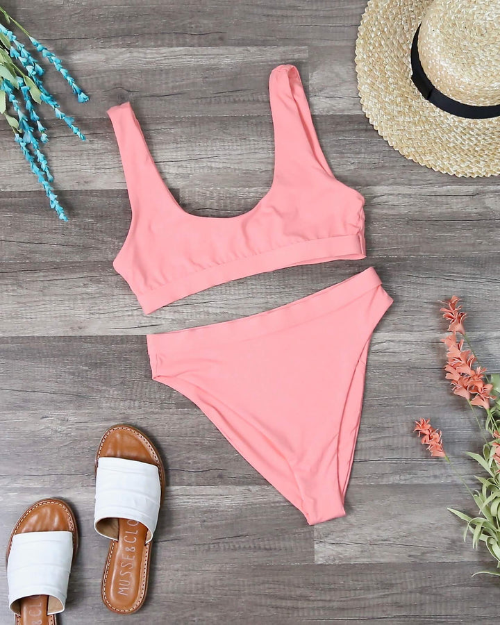 Dippin' Daisy's Sporty Banded Top High Waisted Cheeky Bottom Bikini Separates in Coral