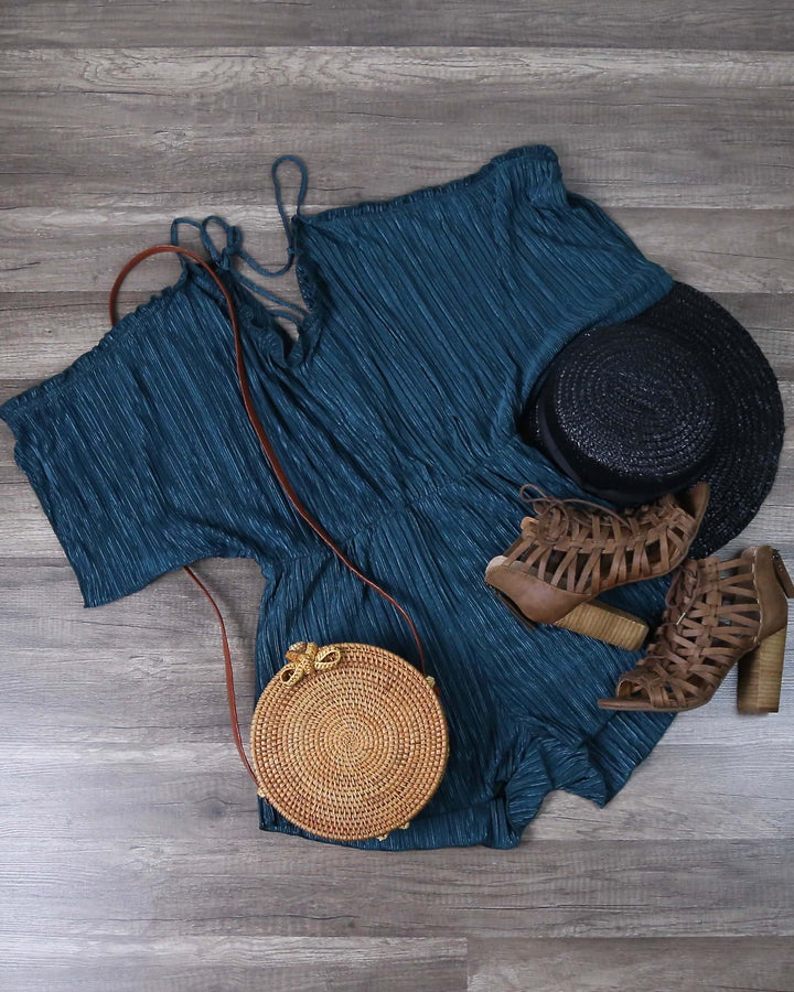 Pleated Peek-a-Boo Shoulder Romper in Teal