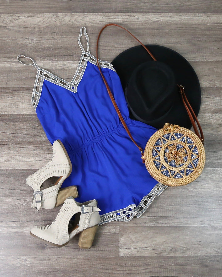 Coveted Cobalt Blue Romper with Lace Lattice Hem