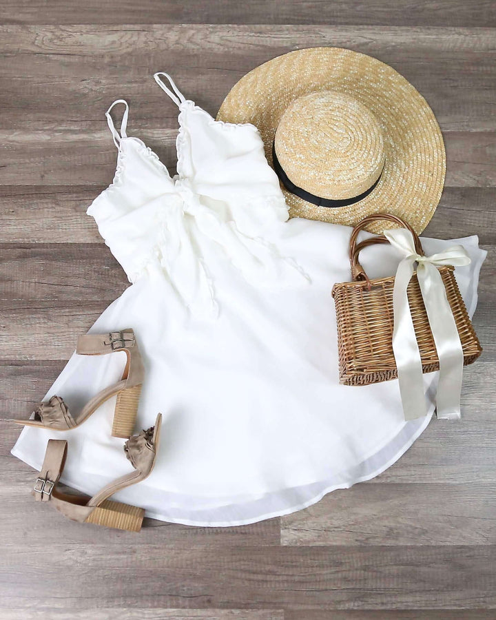 Sleeveless Front Tie Ruffled Trim Baby Doll Dress In More Colors