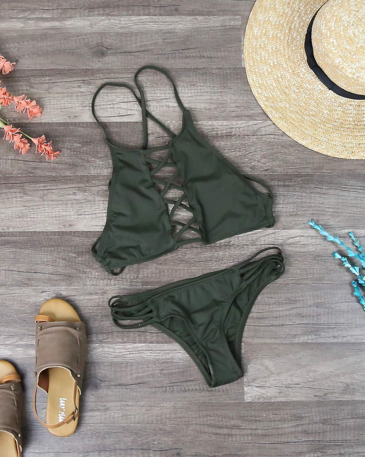 Venice High Neck Crop Bikini Set in Olive Green