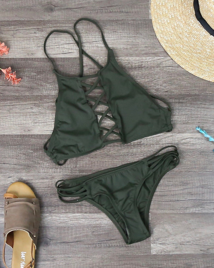 Venice High Neck Crop Bikini Set in Olive Green