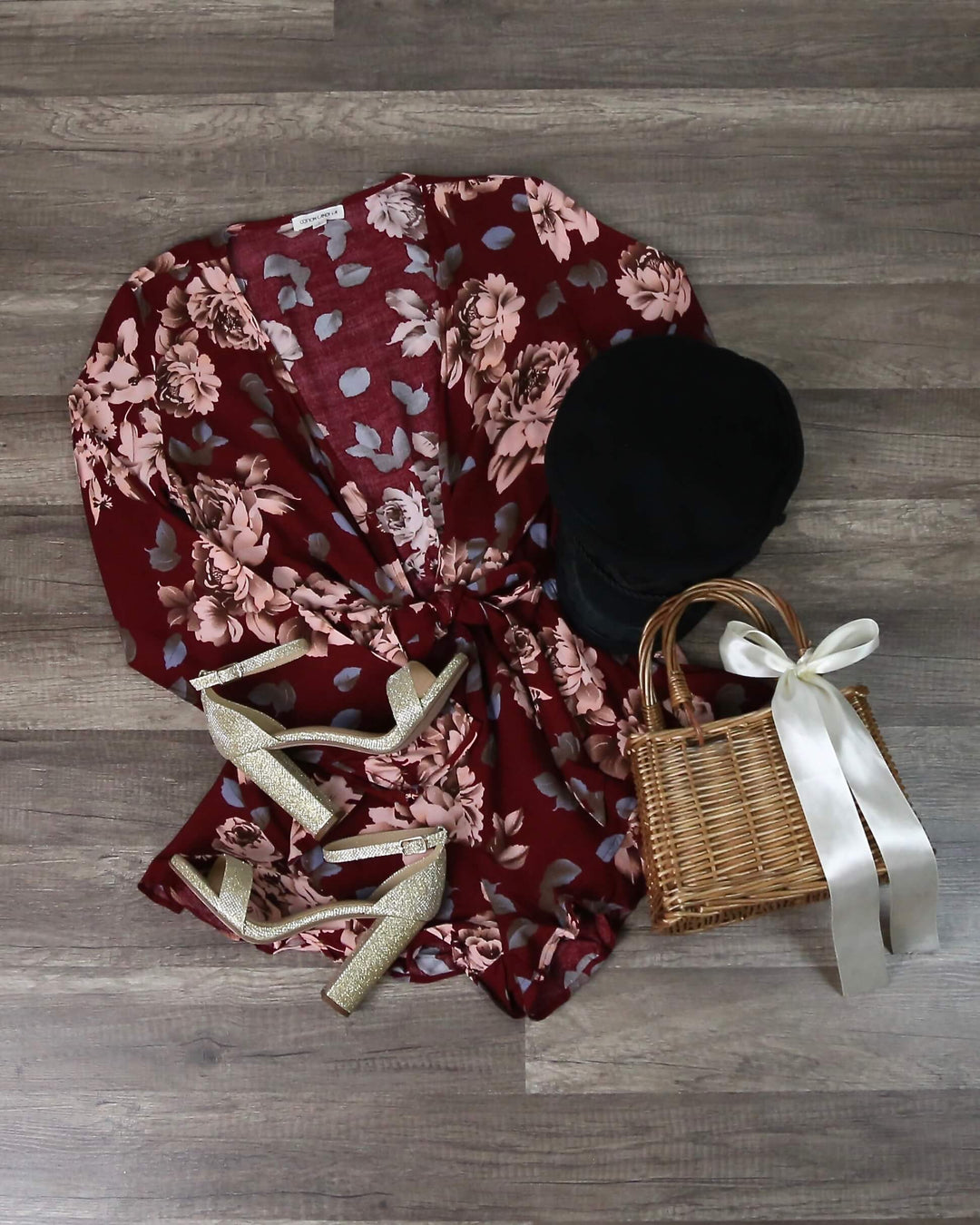Girl Crush Long Sleeve Floral Romper With Ruffle Hem in Burgundy
