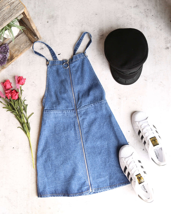 Final Sale - Honey Punch - O Ring Zip Up Denim Overall Dress - Denim