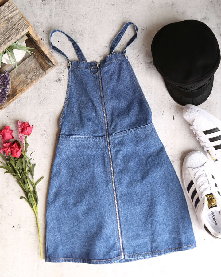 Final Sale - Honey Punch - O Ring Zip Up Denim Overall Dress - Denim