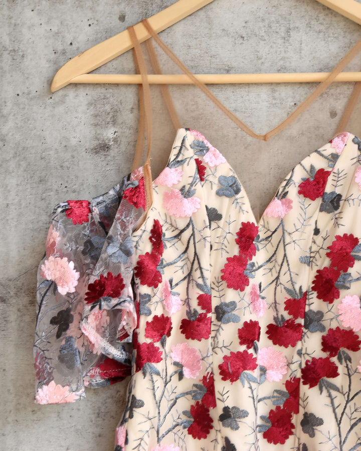 Floral About You Bodycon Off The Shoulder Mesh Dress in Multi