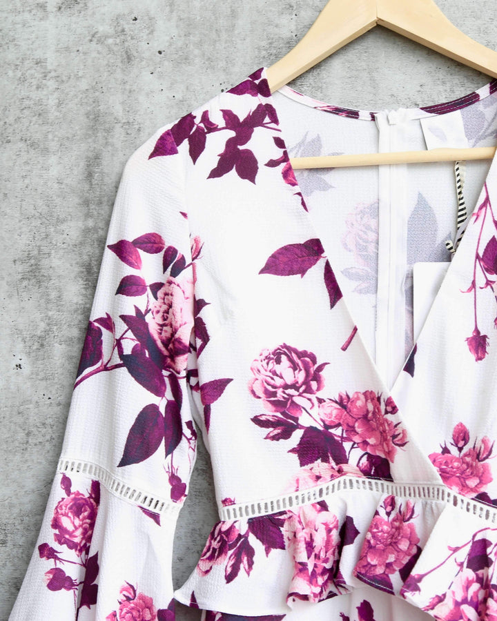 Final Sale - Floral Romper with Bell Sleeves - white/purple