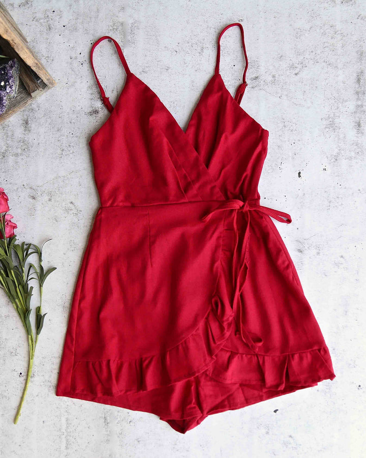 All The Things We Love Wrap Romper in Burgundy