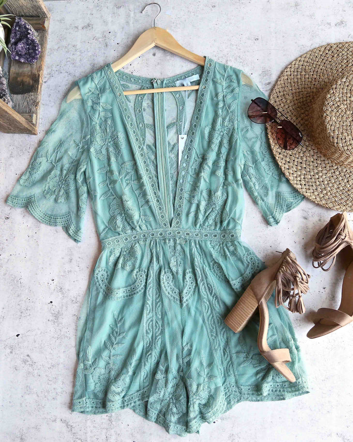 For What It's Worth Lace Romper in Slate Green