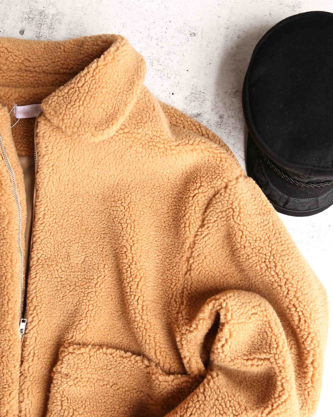 Final Sale - Zip Up Teddy Bear Coat Jacket - Camel