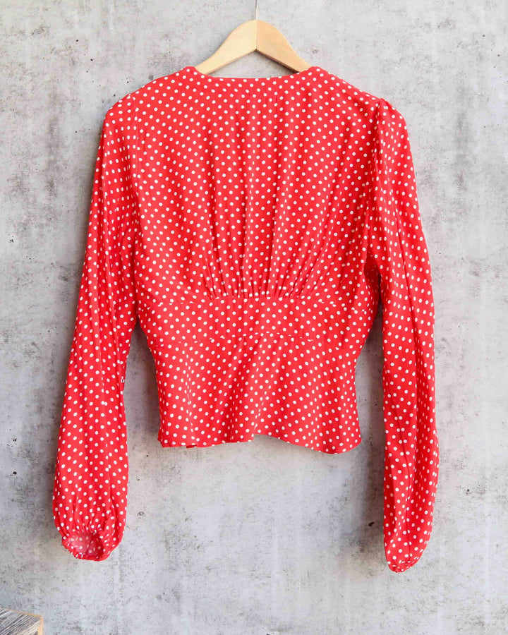 Free People - Love Street Polka Dot Gathered Balloon Sleeve Top in Red