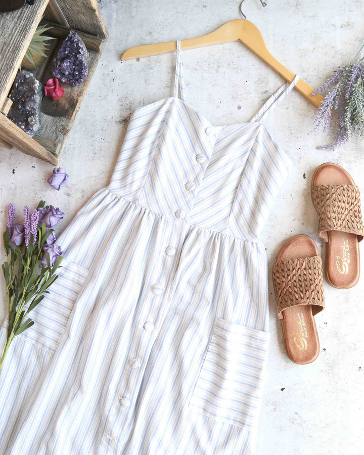 Uptown Button Down Striped Midi Dress in Blue