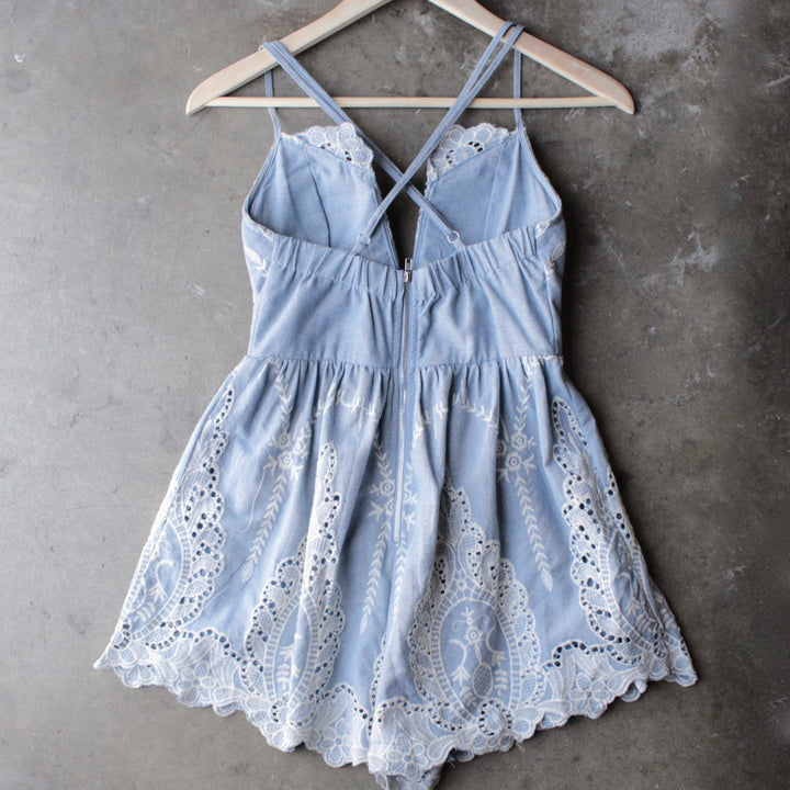lace one piece embellished embroidered denim romper - shophearts - 2