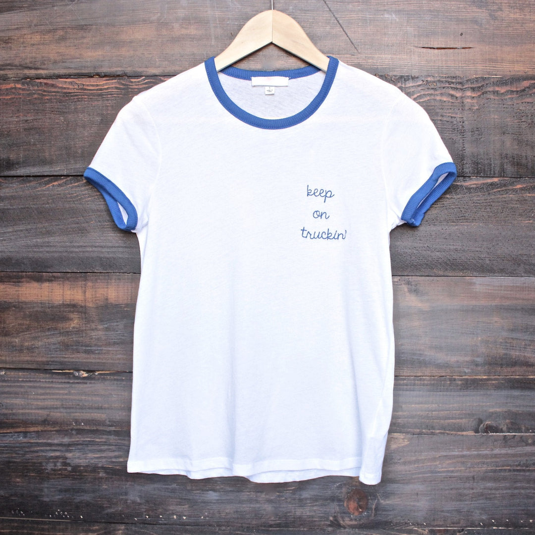 BSIC - keep on truckin' white + blue ringer tee - shophearts - 1