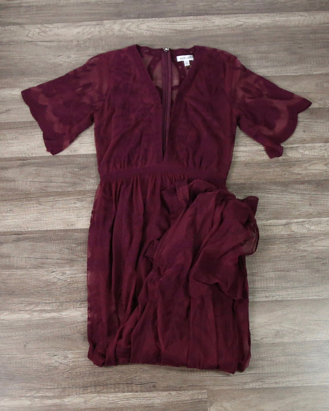 honey punch - embroidered - lace - maxi dress - v neck - short sleeve - wine