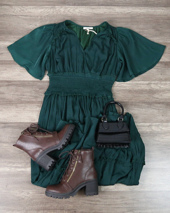 Whitney Washed Satin Ruffled Smocked Bodice Midi Dress in Hunter Green