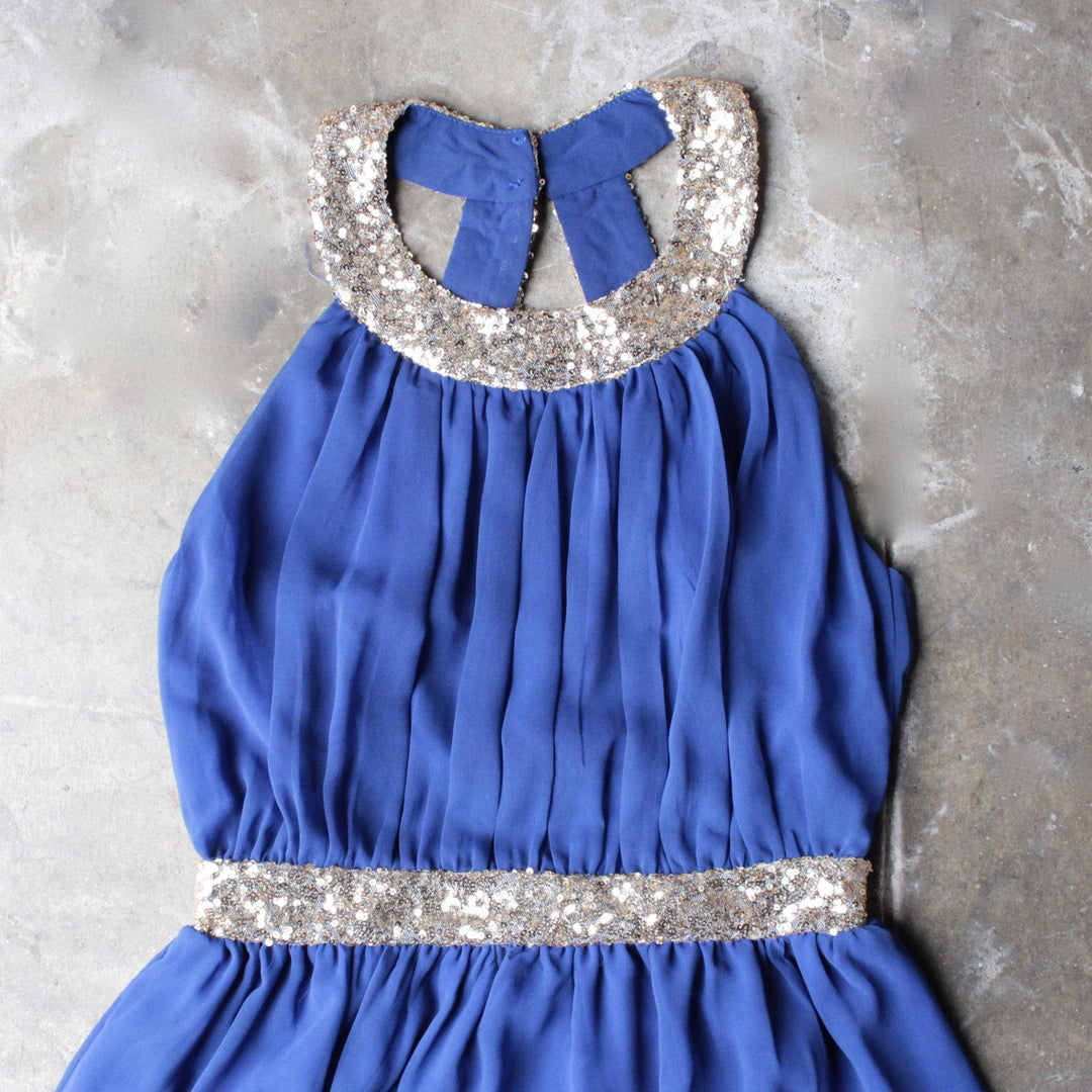 stepping out pleated halter dress with gold sequin - blue - shophearts - 3