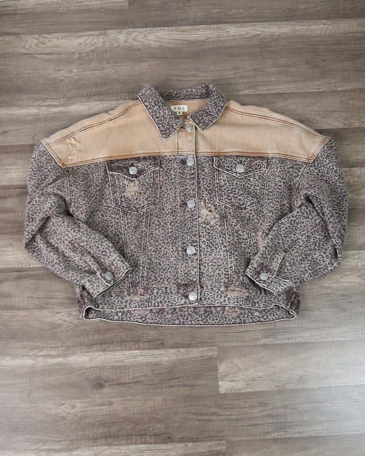 Vintage Style Distressed Leopard Denim Jacket in Caramel