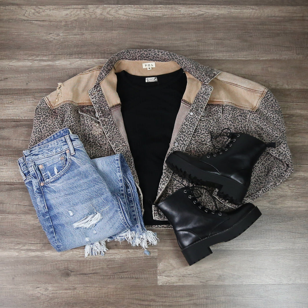 Vintage Style Distressed Leopard Denim Jacket in Caramel