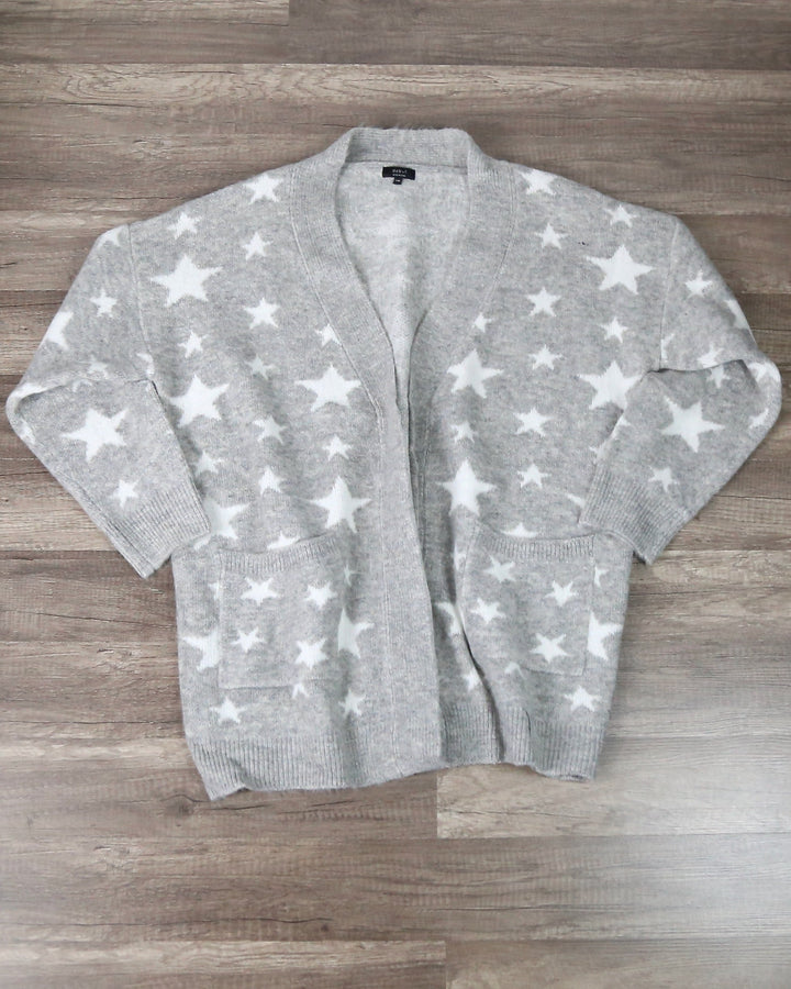 Dreamers - Star Pattern Print Open Front Knit Cardigan in Grey