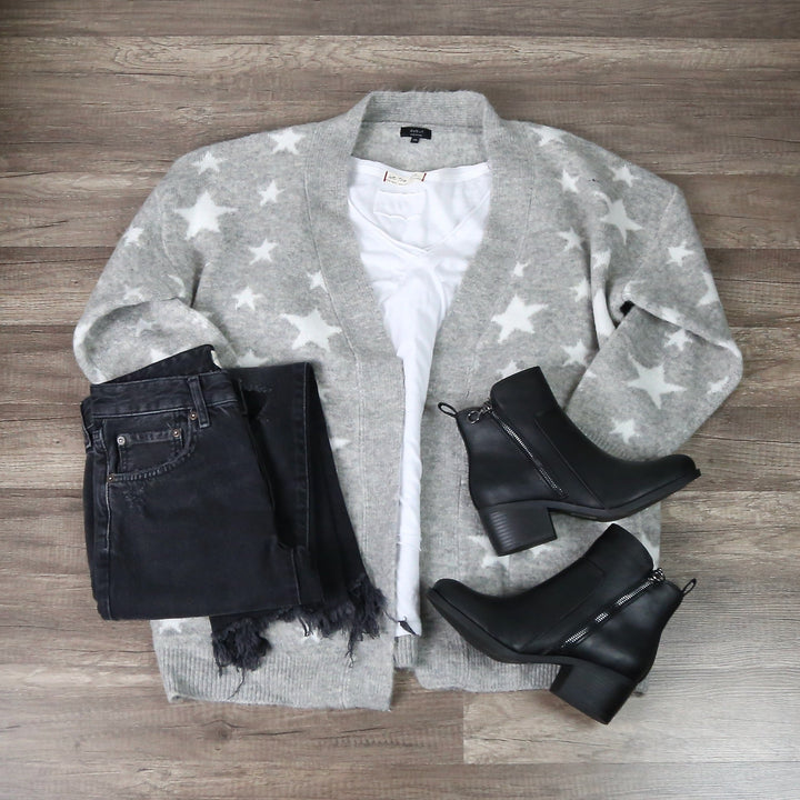 Dreamers - Star Pattern Print Open Front Knit Cardigan in Grey