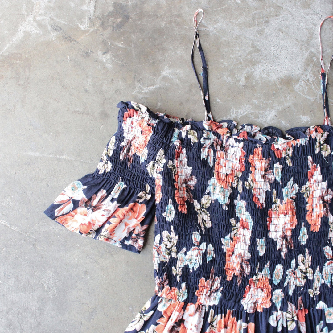 smocked cold shoulder romper in navy floral print - shophearts - 2