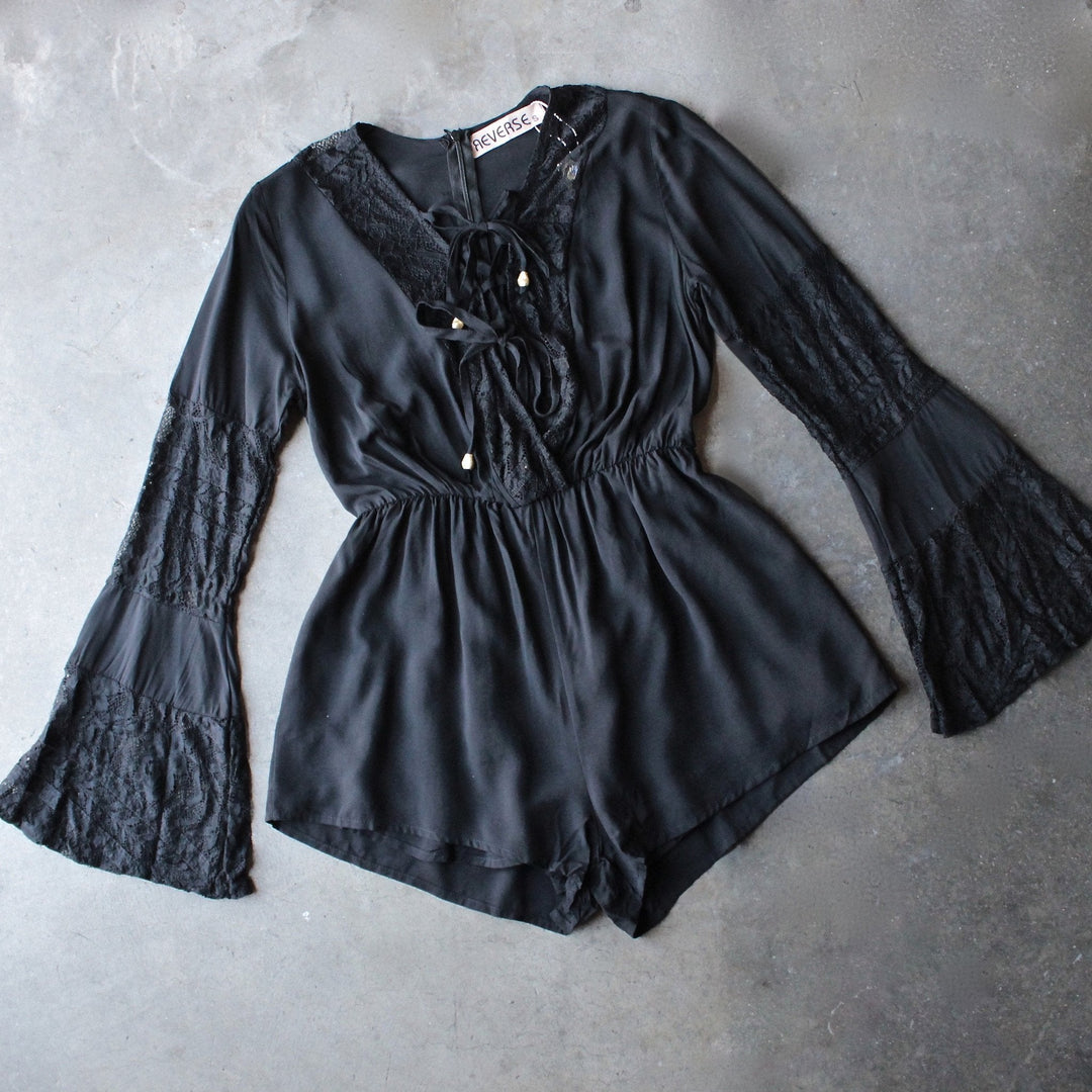 reverse - bell sleeves lace up front romper with lace in black - shophearts - 1