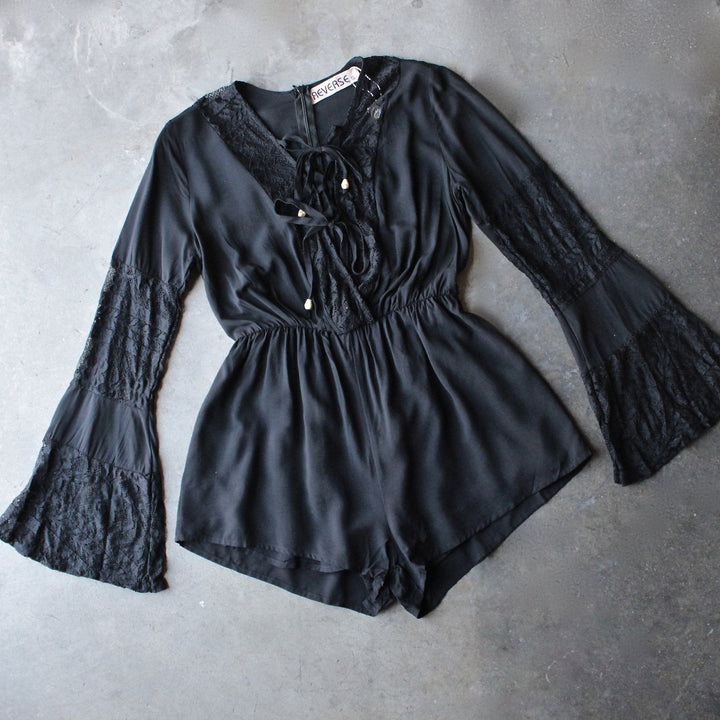 reverse - bell sleeves lace up front romper with lace in black - shophearts - 1