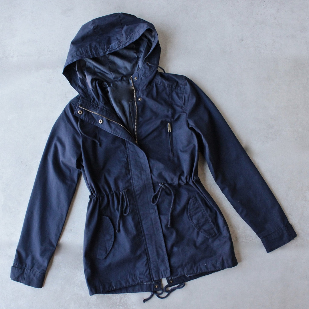 Womens hooded utility parka jacket with drawstring waist - navy - shophearts - 1