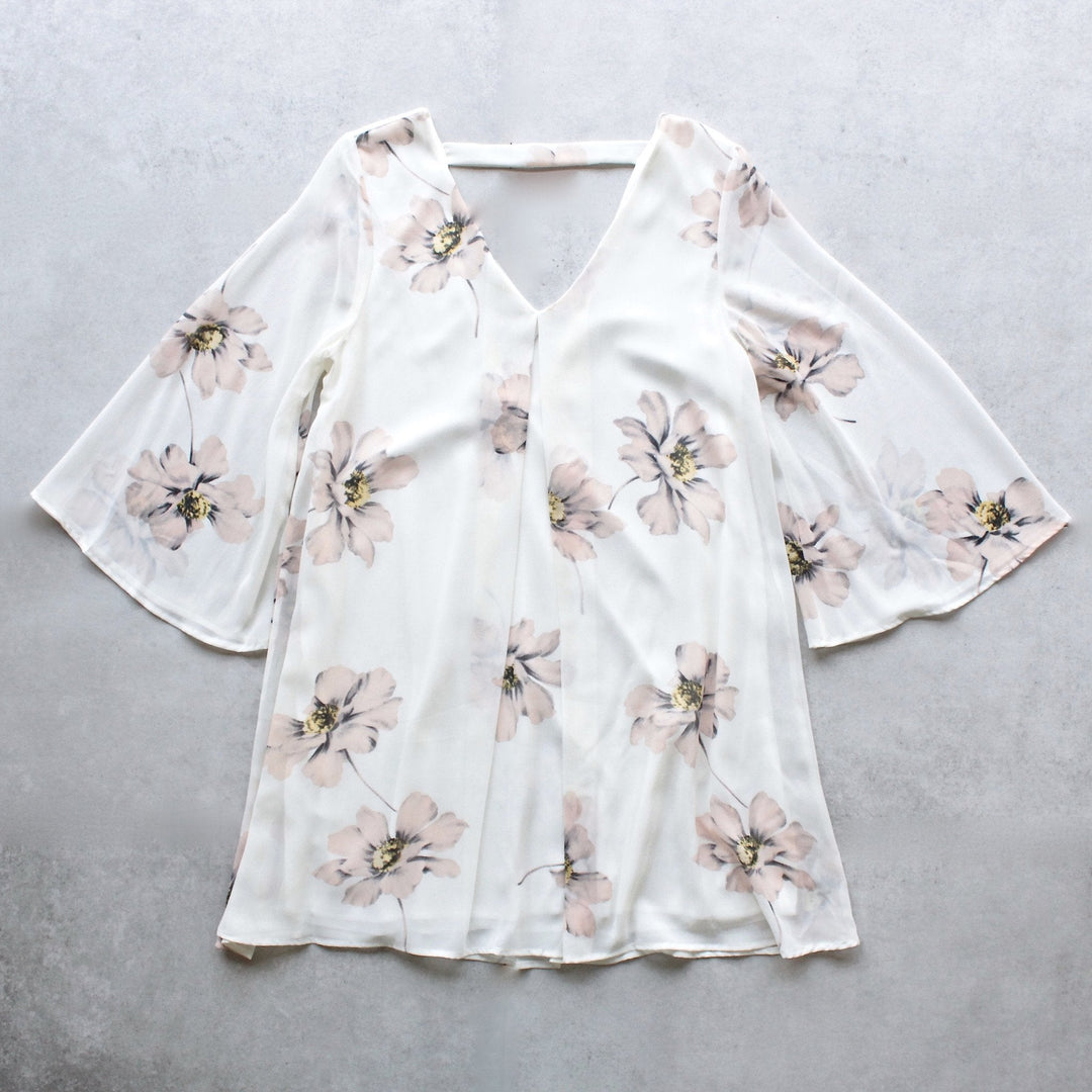 soft floral bell sleeve chiffon shift dress - shophearts