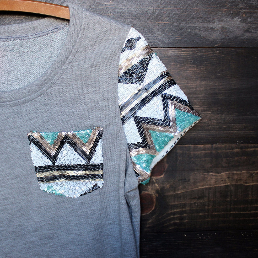 FINAL SALE - it girl aztec sequin pocket short sleeves french terry t shirt grey - shophearts - 3