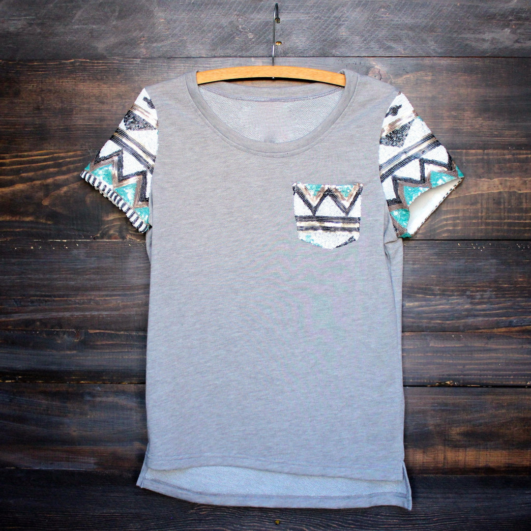 FINAL SALE - it girl aztec sequin pocket short sleeves french terry t shirt grey - shophearts - 1