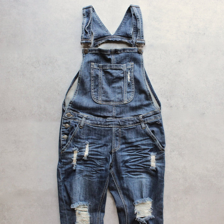 ripped denim medium wash overalls - shophearts - 2