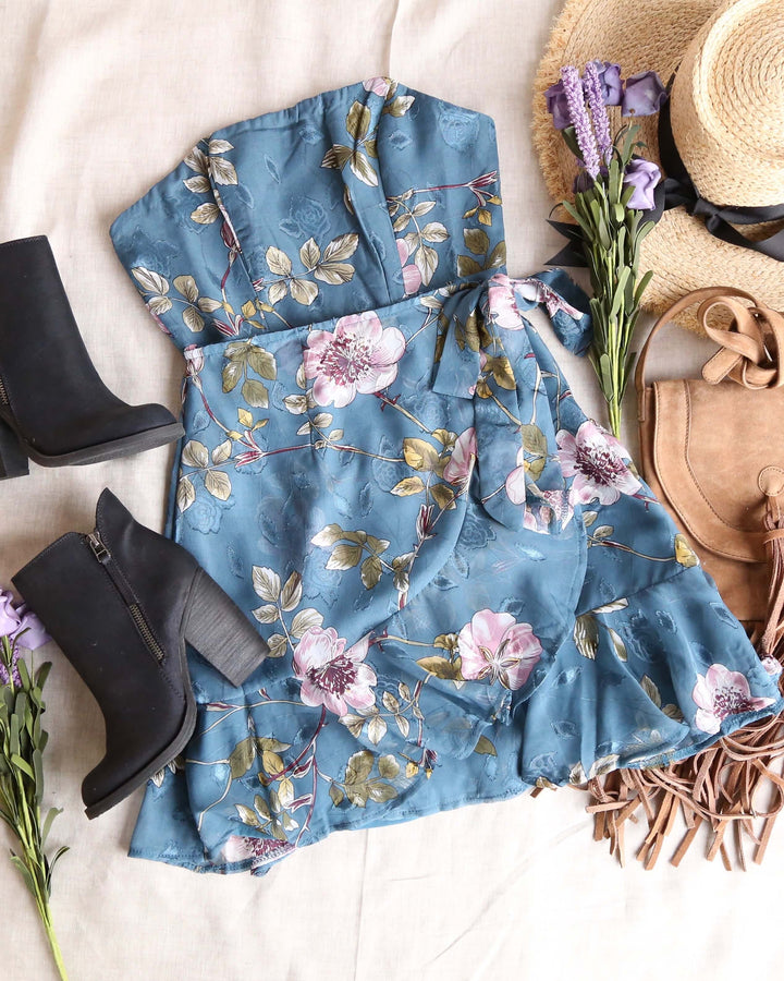 Strapless Floral Ruffled Wrapped Mini Dress in Teal