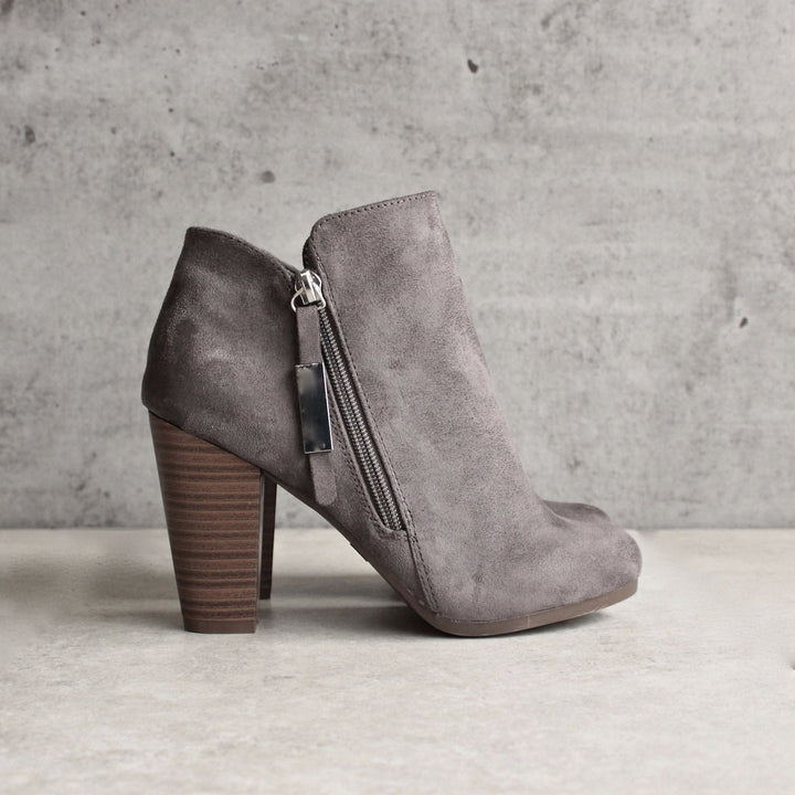 almond toe stacked heel vegan suede booties - grey - shophearts - 1