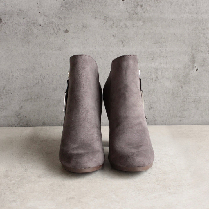 almond toe stacked heel vegan suede booties - grey - shophearts - 6