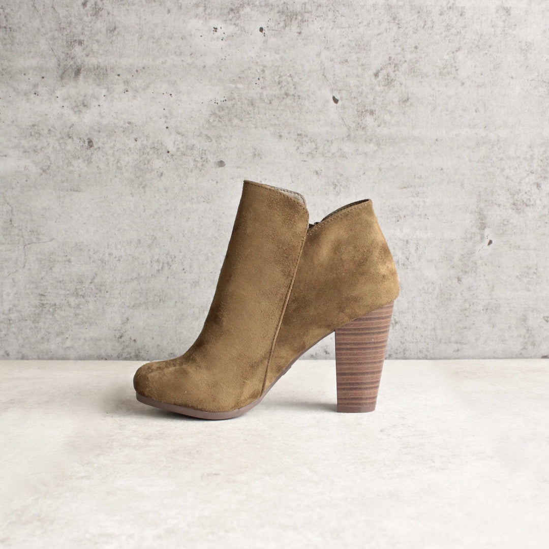 almond toe stacked heel vegan suede booties - olive - shophearts - 4