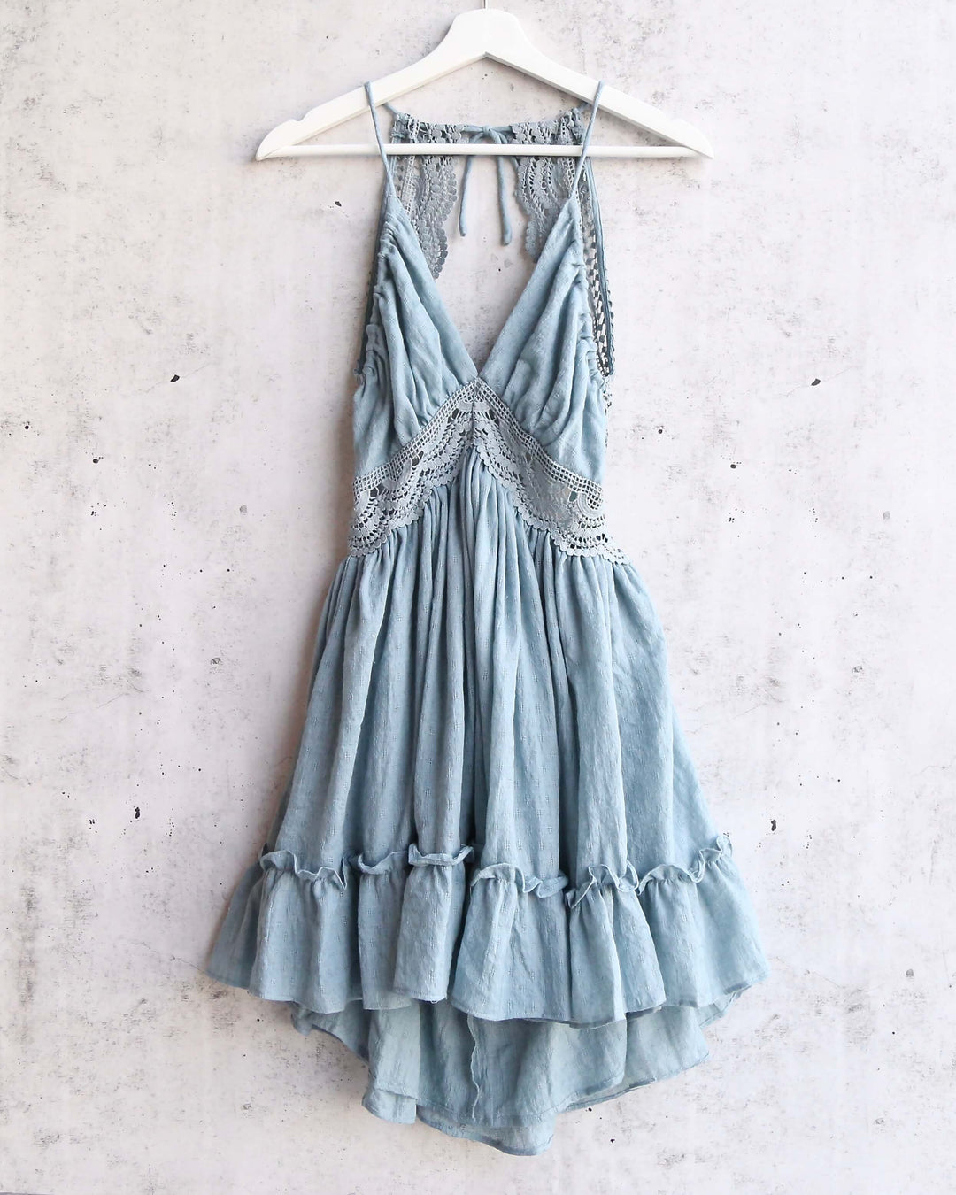 Lace Crochet Halter Open Back V-Neck Dress in Sage