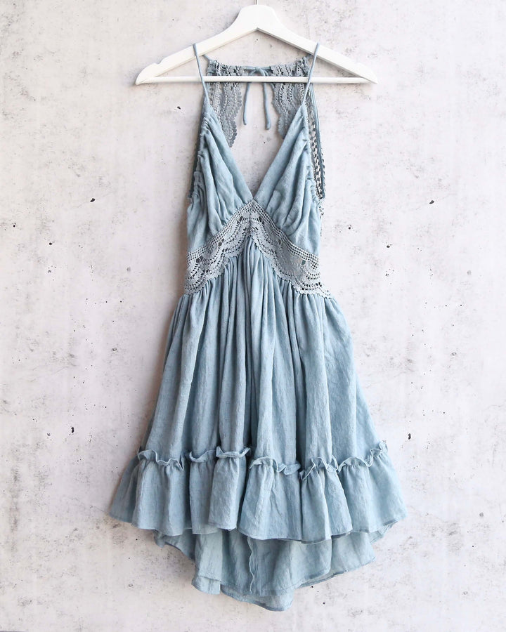 Lace Crochet Halter Open Back V-Neck Dress in Sage