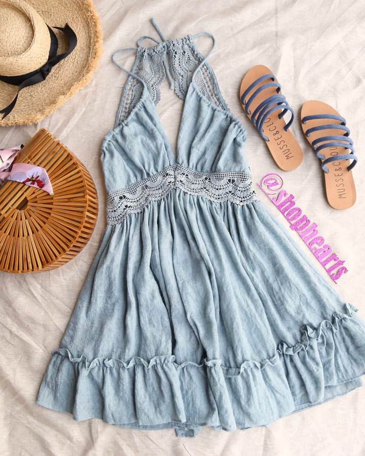 Lace Crochet Halter Open Back V-Neck Dress in Sage