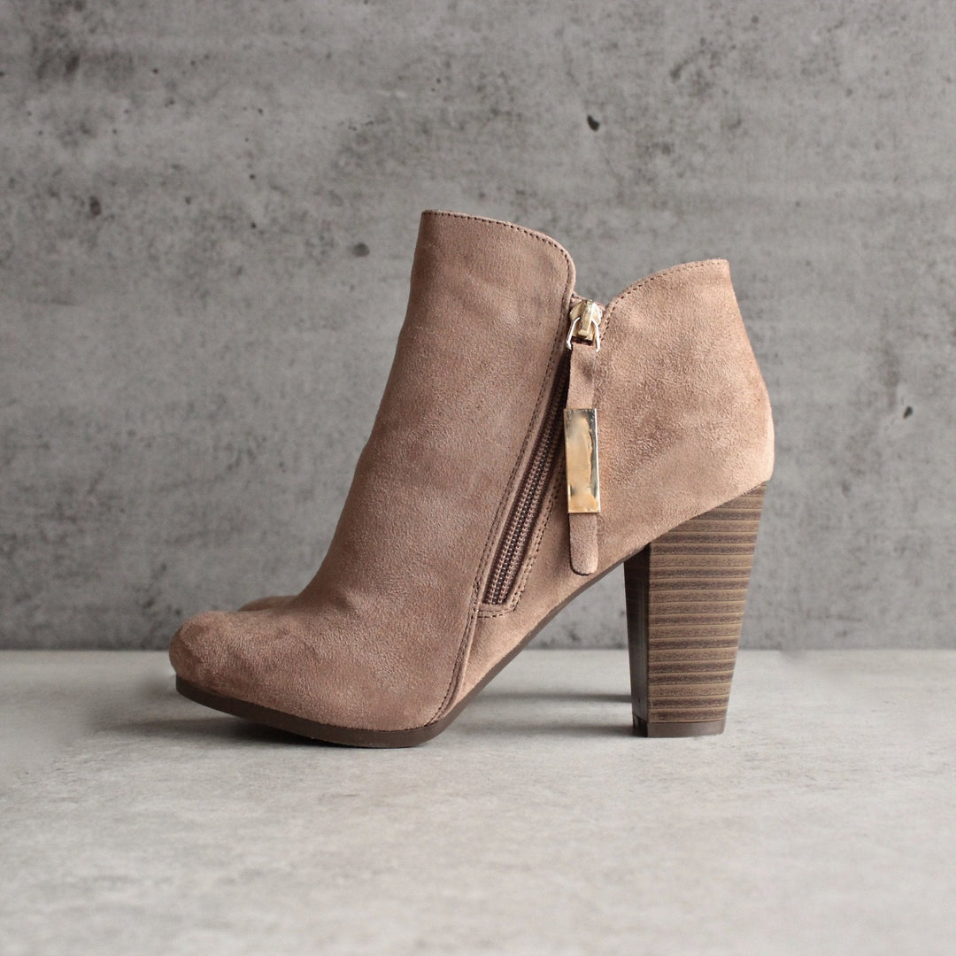 almond toe stacked heel vegan suede booties - natural - shophearts - 5