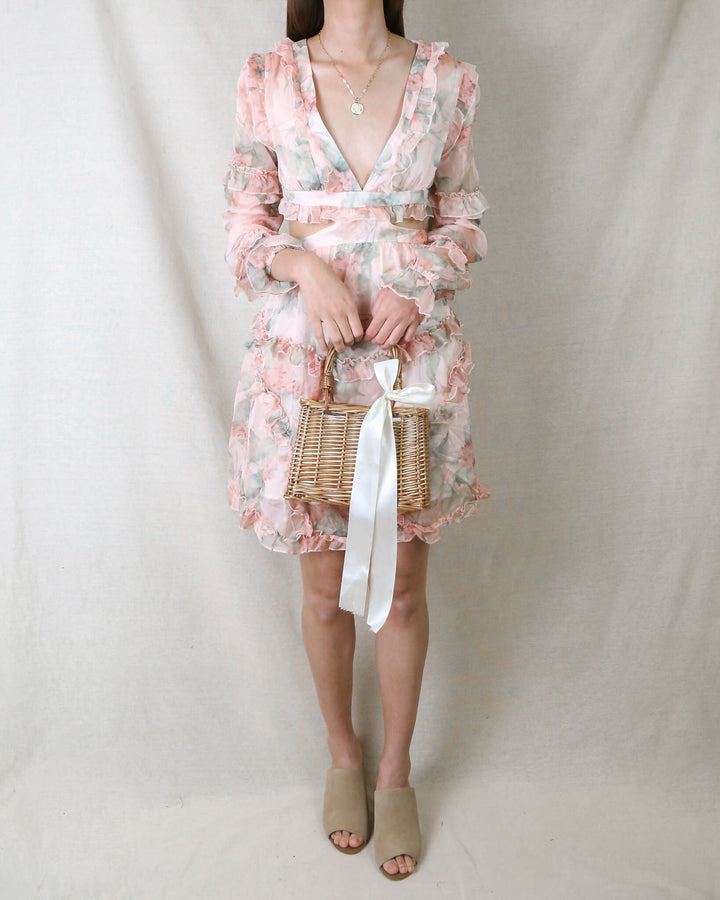 v neck - floral - ruffle trim - cut out - layered dress - lantern sleeve - pink