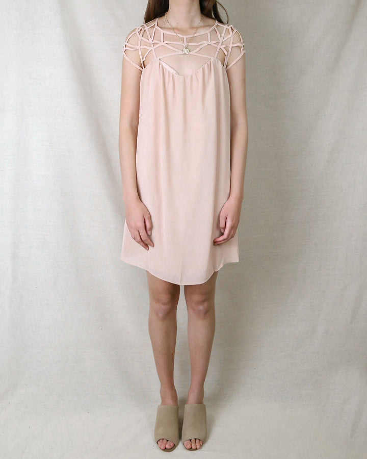 Final Sale - Caged Up Flowy Chiffon Dress in Almond